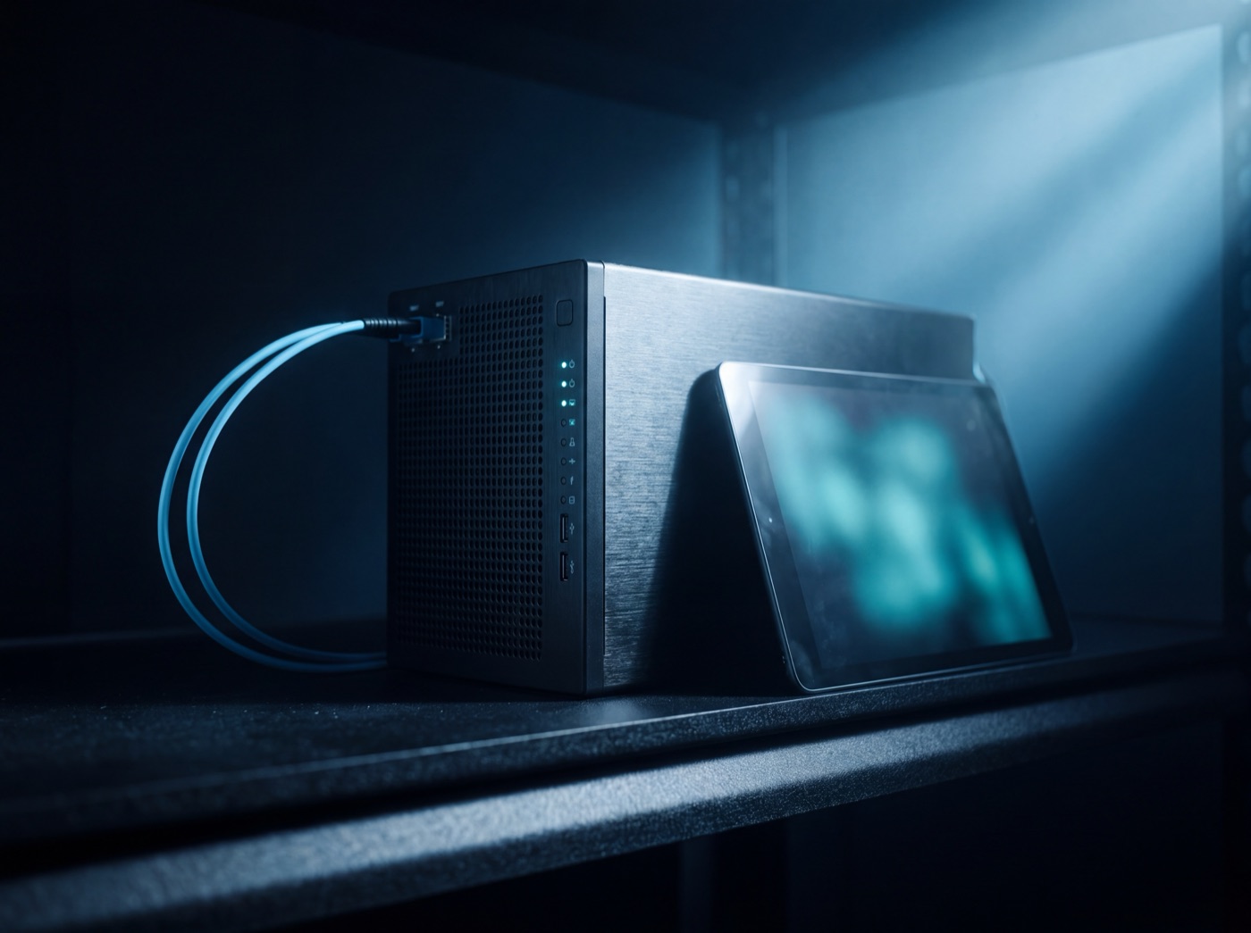 A compact on-premise AI inference appliance on a studio shelf, status lights and a single fibre lead