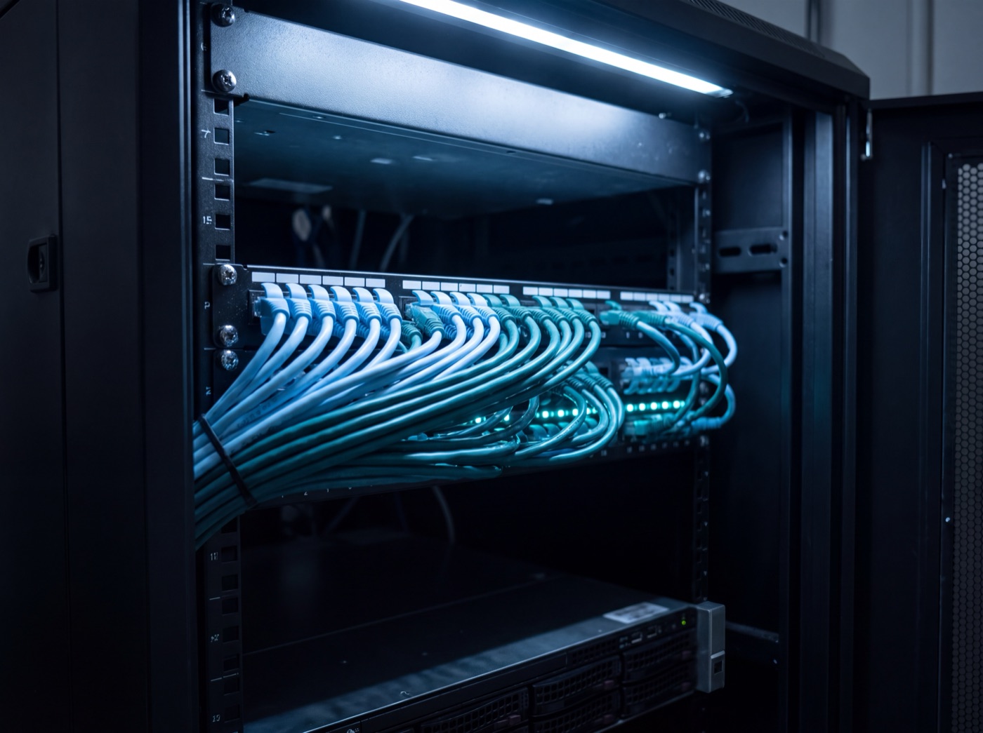 A network cabinet with a rack-mount server and a combed run of patch cables